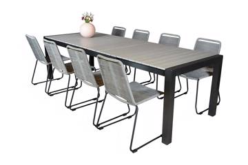 Uttrekkbart bord, 205/275x95cm, grå og 8 Limosa stoler, grå