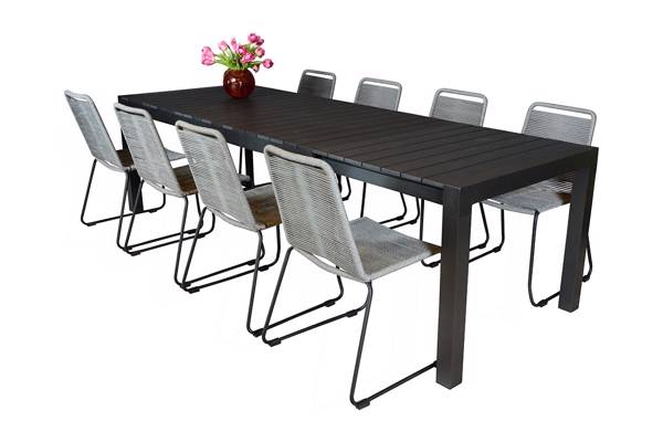 Uttrekkbart bord, 200/275x100cm, sort og 8 Limosa stoler, grå