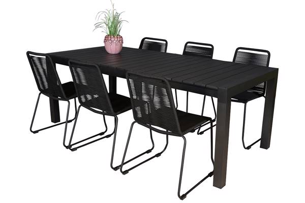 Uttrekkbart bord, 200/275x100cm, sort og 6 Limosa stoler, sort