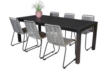 Uttrekkbart bord, 200/275x100cm, sort og 6 Limosa stoler, grå