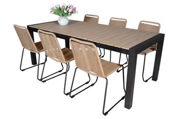 Uttrekkbart bord, 160/210x95cm, brun og 6 Limosa stoler, beige
