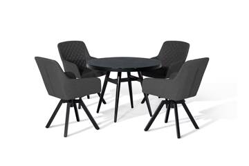 Lutea spisesett med rundt bord, 100 cm og 4 stoler, mørk grå