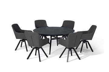 Lutea spisesett med rundt bord, 145cm og 6 stoler, mørk grå