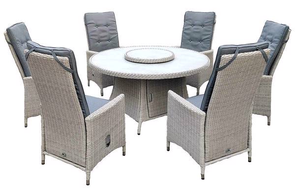 Bilde av Calla Høy rygg 6 stoler og rundt bord, 142cm