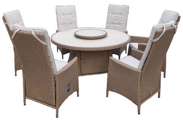 Bilde av Olea Høy rygg 6 stoler og rundt bord, 142cm